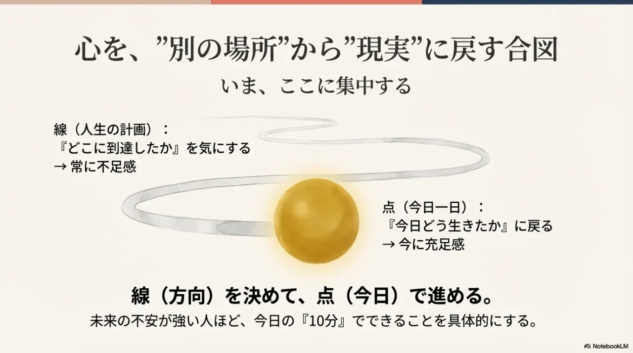 人生を線(計画)と点(今日)で捉え、今ここに集中するための図解