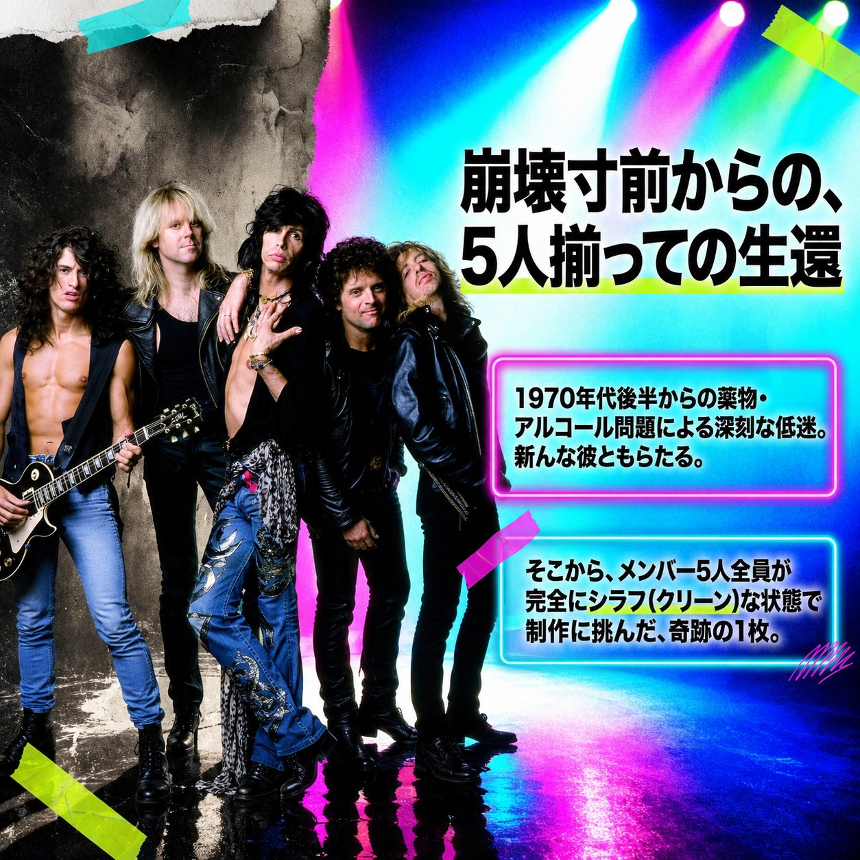 1980年代のエアロスミスのメンバー5人の写真とともに、薬物・アルコール問題からの復活とクリーンな状態での制作を解説する画像