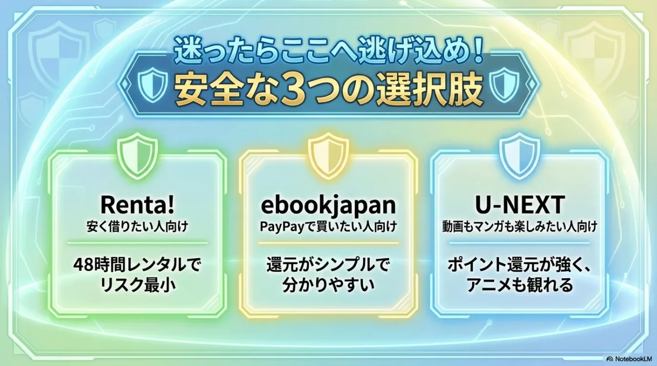 Renta!・ebookjapan・U-NEXTの特徴と安全な使い分け比較