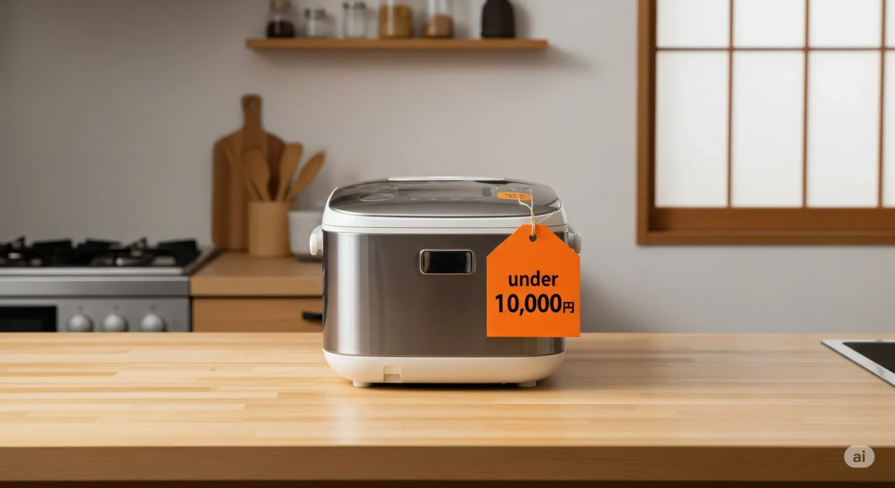 1万円以下の値札が付いたシンプルな炊飯器が置かれており、手頃な価格のメリットを表現している。