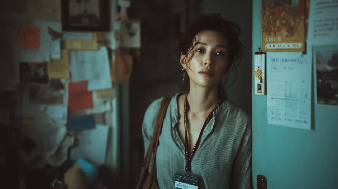 早朝の自宅玄関で、社員証を首から下げた30代の美しい日本人女性が立ち尽くし、出社への不安をにじませている。背後に書類やメモが貼られた壁が見える