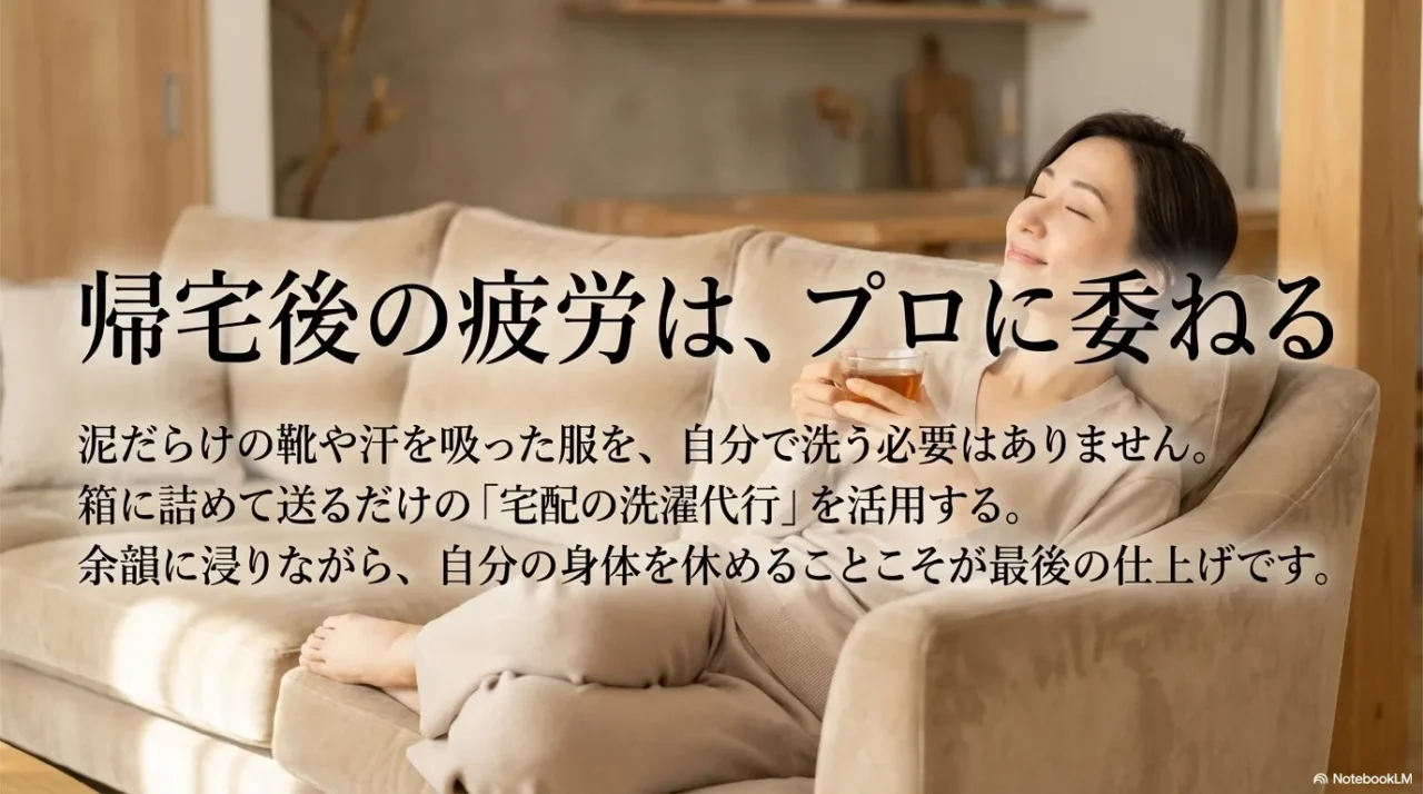 フェス後の泥汚れや汗を気にせず休めるよう宅配クリーニング活用をイメージした画像