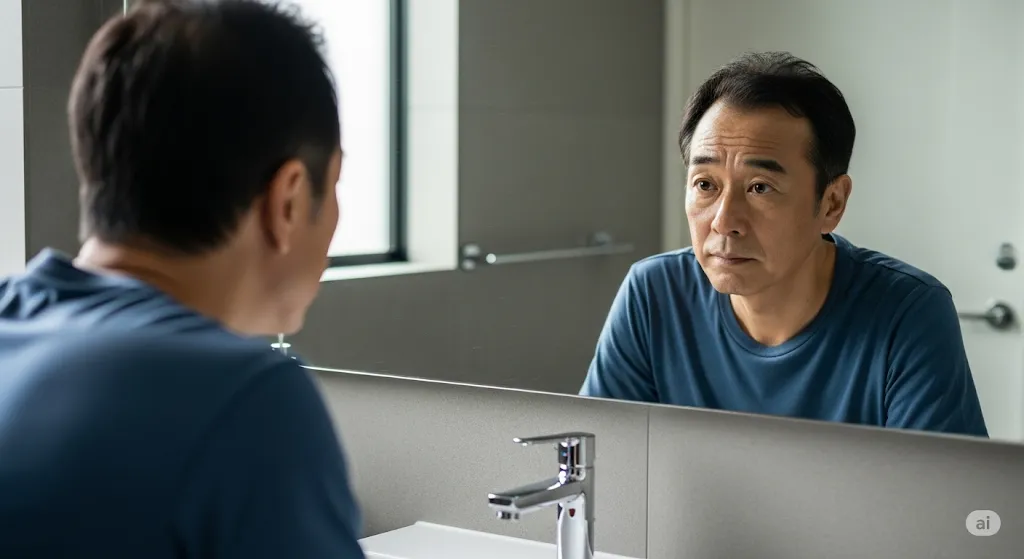 鏡に映る50代くらいの男性が、自分の髪の毛を真剣な表情で見つめている。