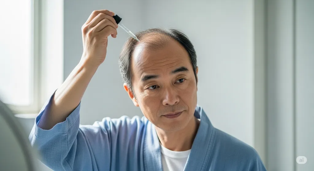 中年男性が鏡の前で自身の頭皮に育毛剤を塗布している。