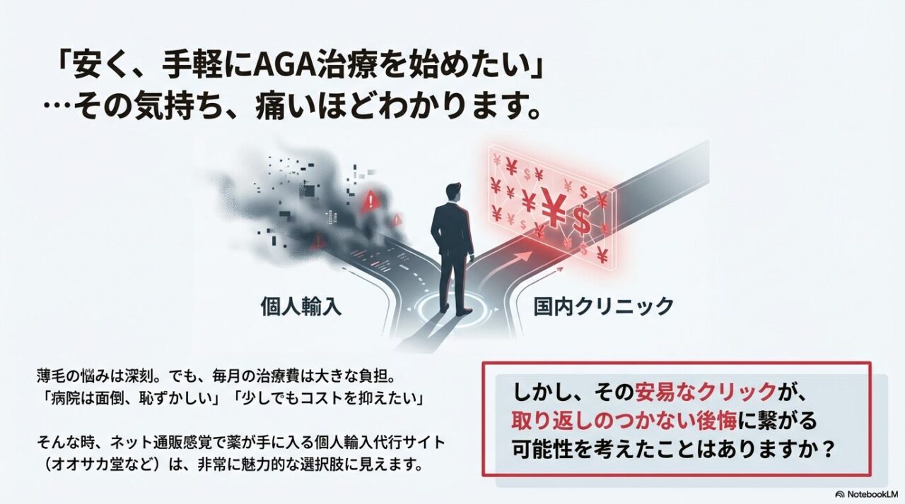 「安く手軽に始めたい」という気持ちと、個人輸入代行サイト(オオサカ堂など)を利用する際のリスクの分かれ道を描いたイメージ図