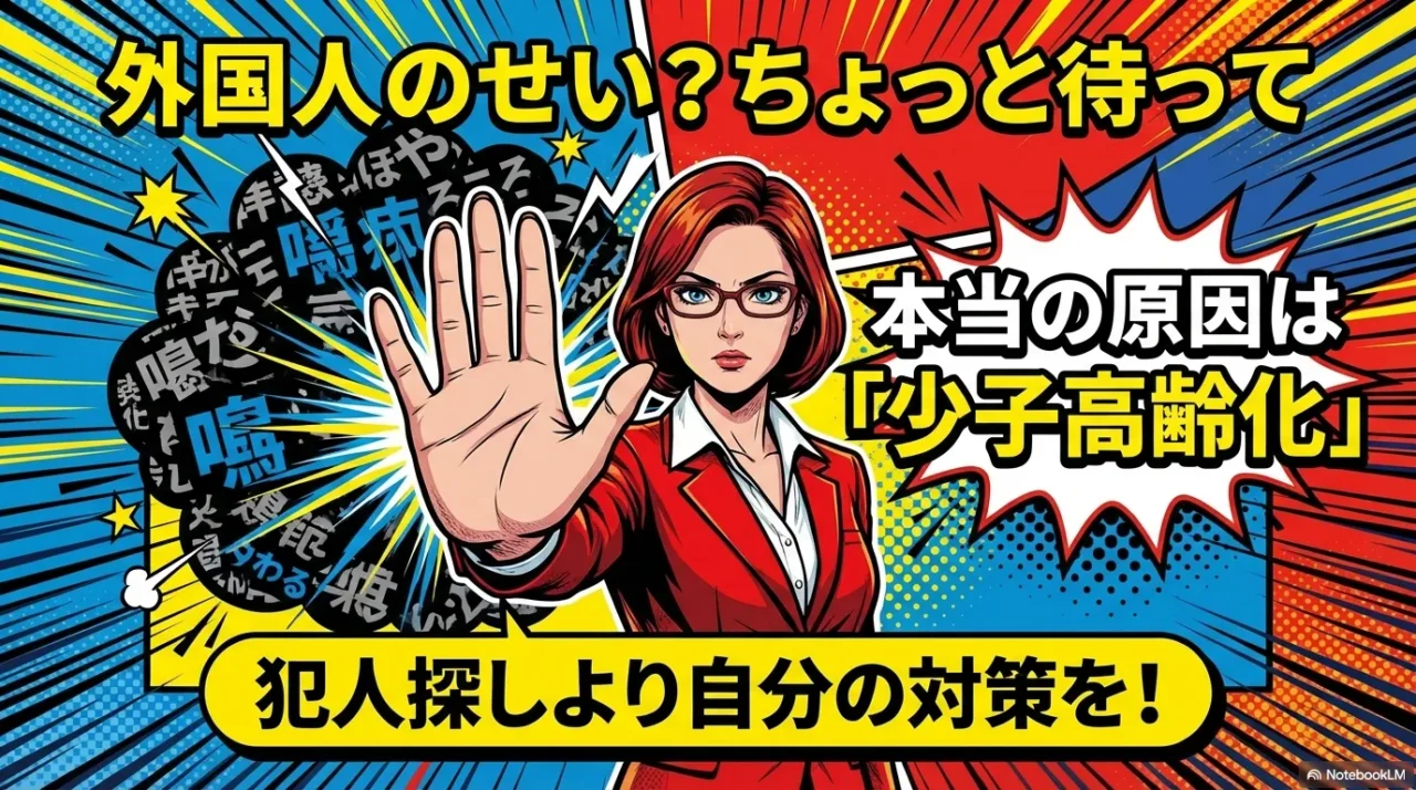 国民負担増の原因を外国人のせいにする前に、本当の原因である「少子高齢化」に目を向け、自分の対策をすべきだと訴えるイラスト