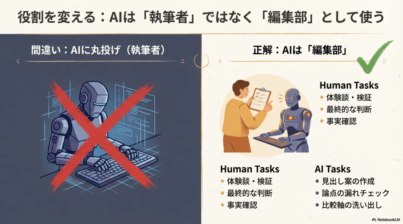 AI丸投げはNGで、見出し案や漏れチェックはAI、人は検証と判断を担う図