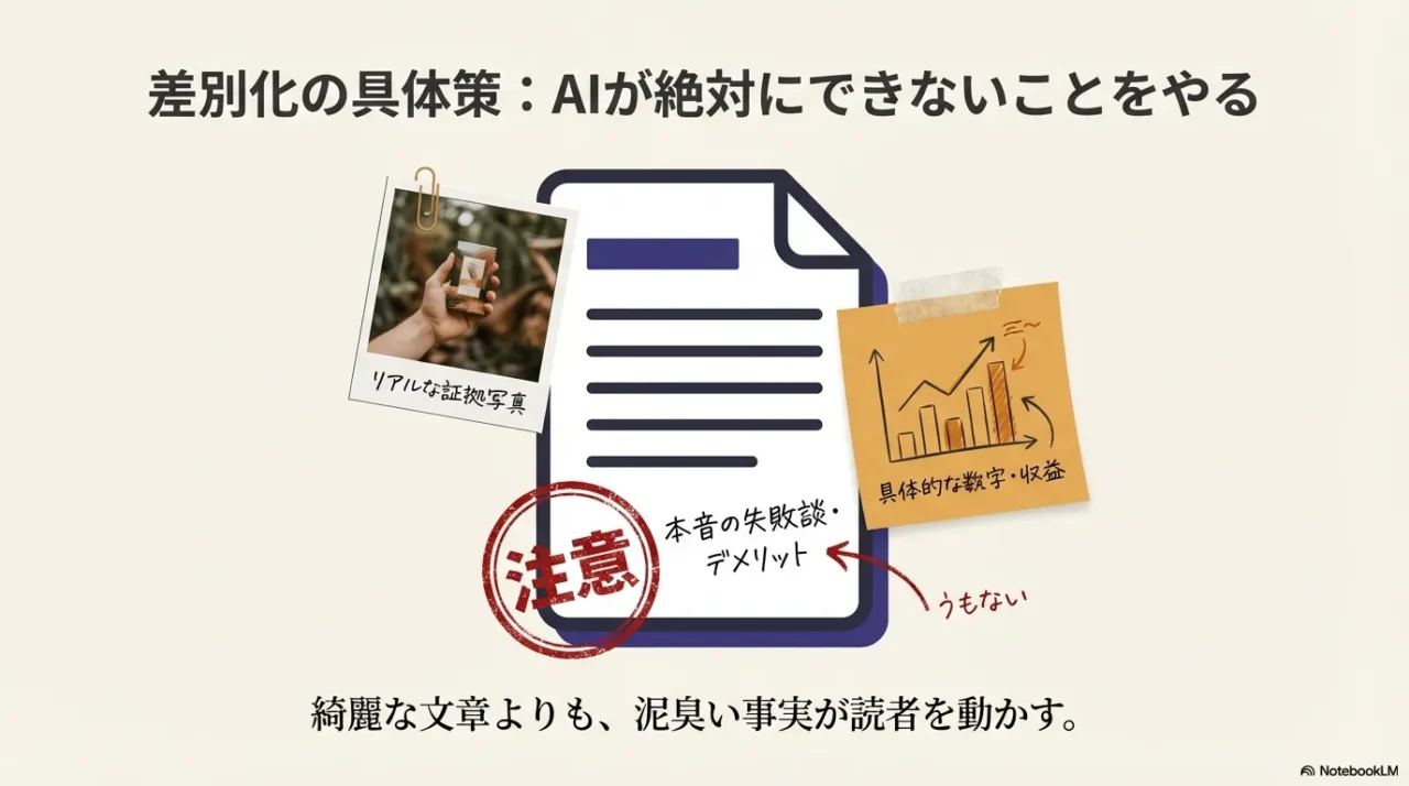証拠写真や具体的な数字、本音の失敗談が差別化になることを示す図