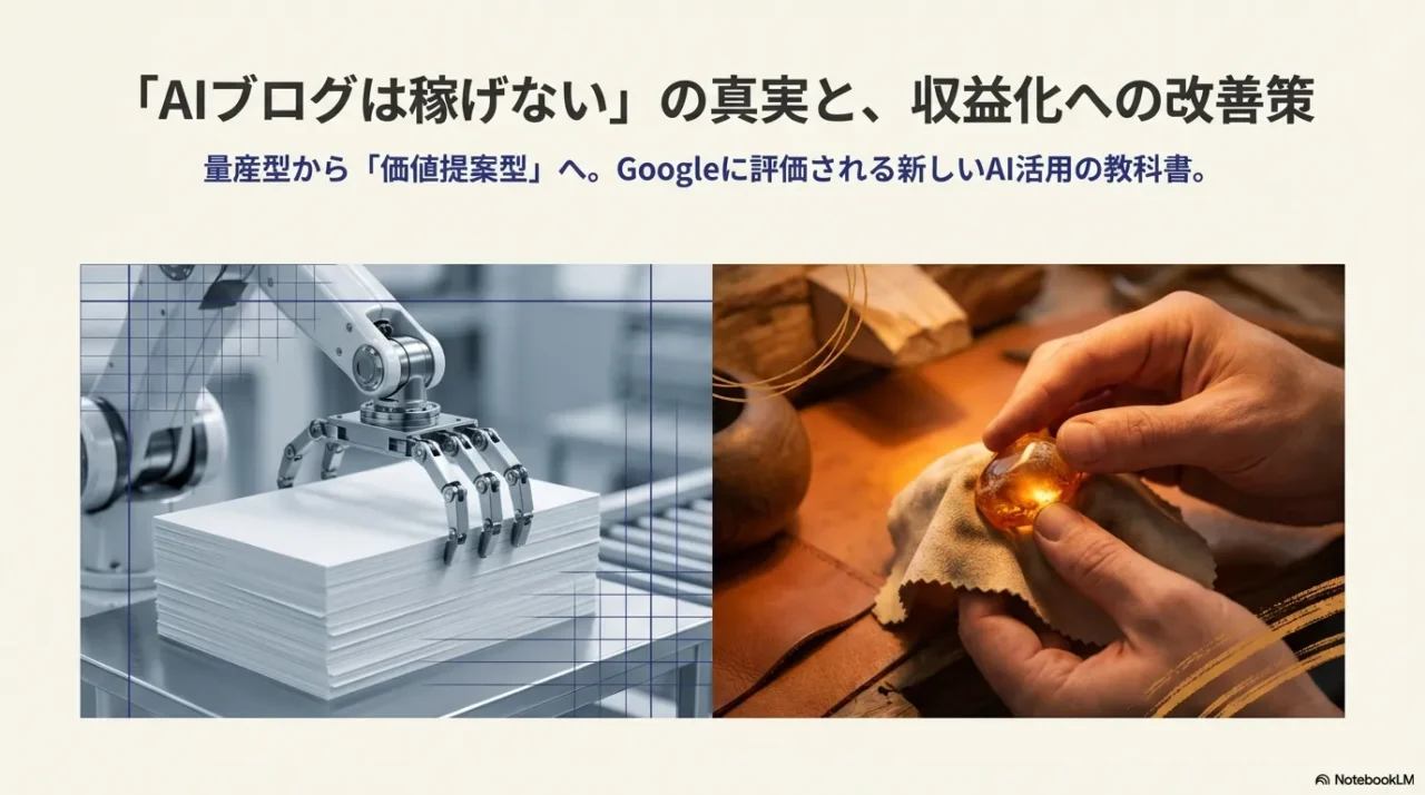 AIブログが稼げない悩みを整理し、収益化の改善策へ進む全体像スライド