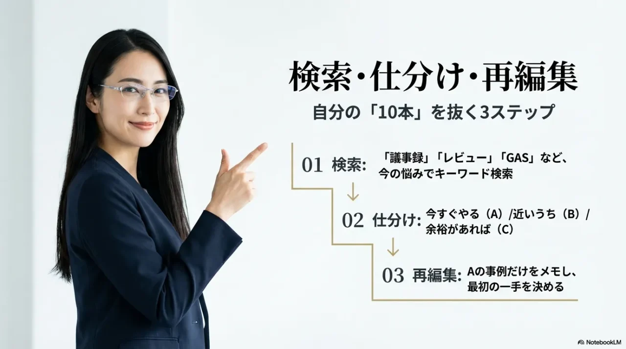 検索・仕分け・再編集の3ステップで自分に必要なAI事例を抽出する方法