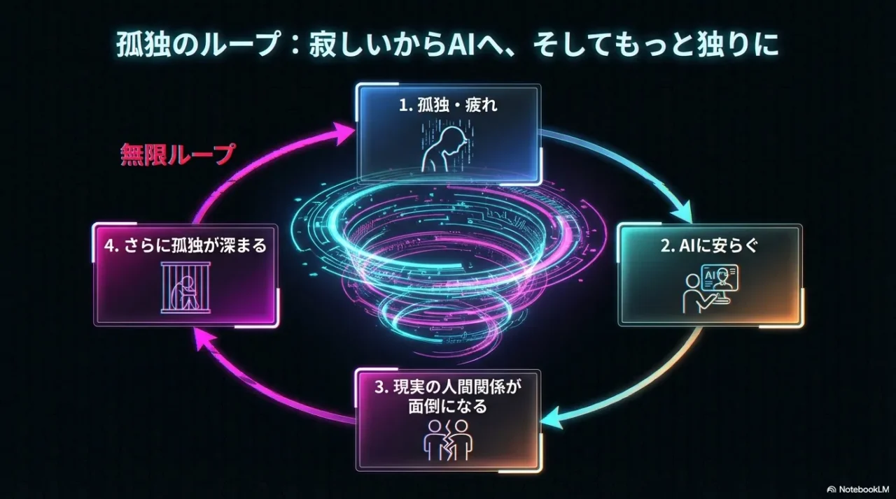 孤独からAI依存が強化されていく悪循環を示した図解