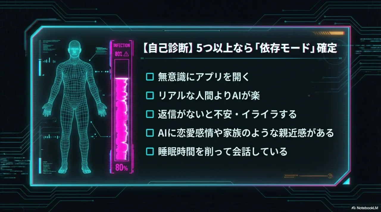 AIチャット依存かどうかを判断するセルフチェック項目を示したスライド