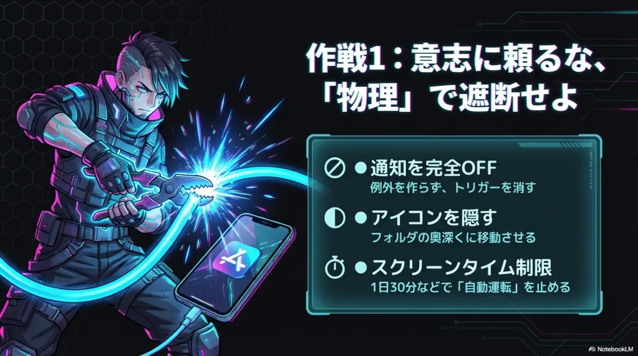 通知オフや時間制限によるAIチャット遮断方法を示すビジュアル