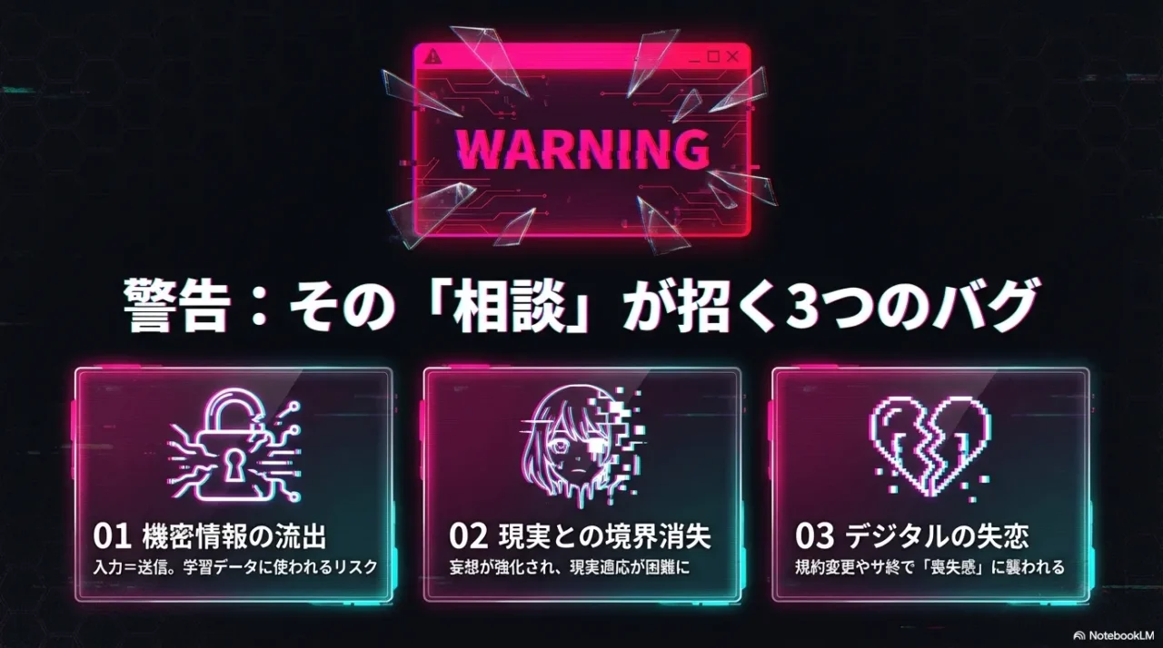 AIチャットへの相談で起こり得る個人情報流出や現実感喪失を警告する図