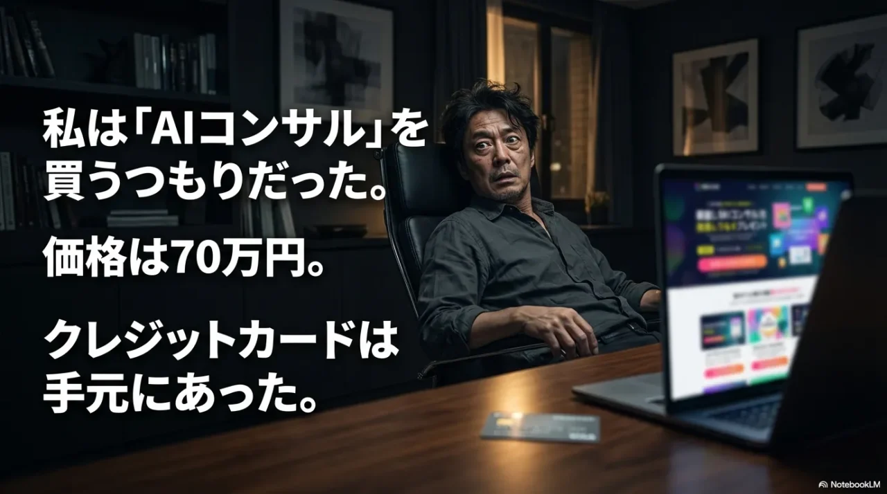 AIコンサルの決済直前で迷う男性とクレジットカード