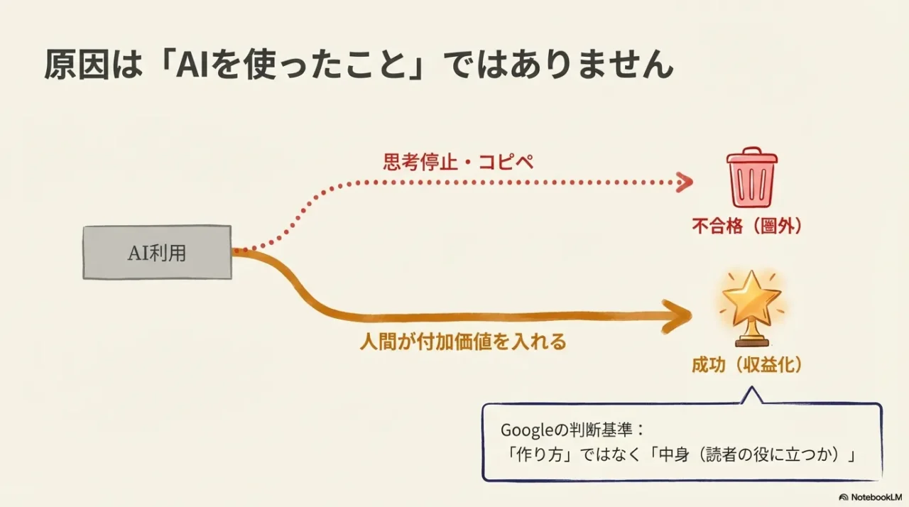 AI利用でも付加価値があれば成功し、コピペ思考停止だと圏外になる図