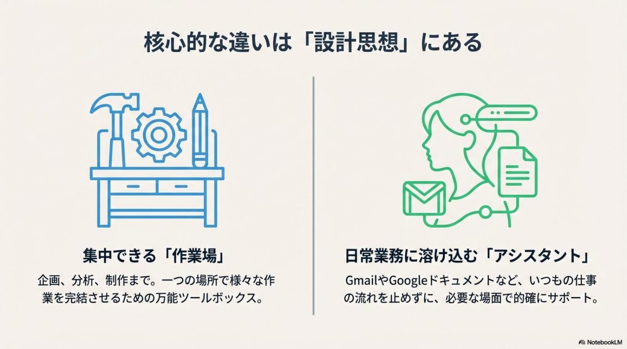 ChatGPTの「作業場」としての設計思想と、Geminiの「アシスタント」としての設計思想を比較した図解。