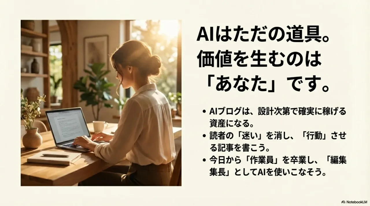 AIは道具で、読者の迷いを消して行動させる設計が重要だと伝える締めのスライド