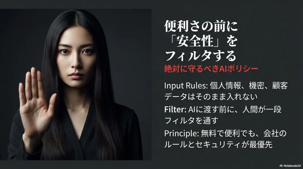 便利さよりも安全性を優先し、個人情報や機密データをフィルタリングするAIポリシーの図解