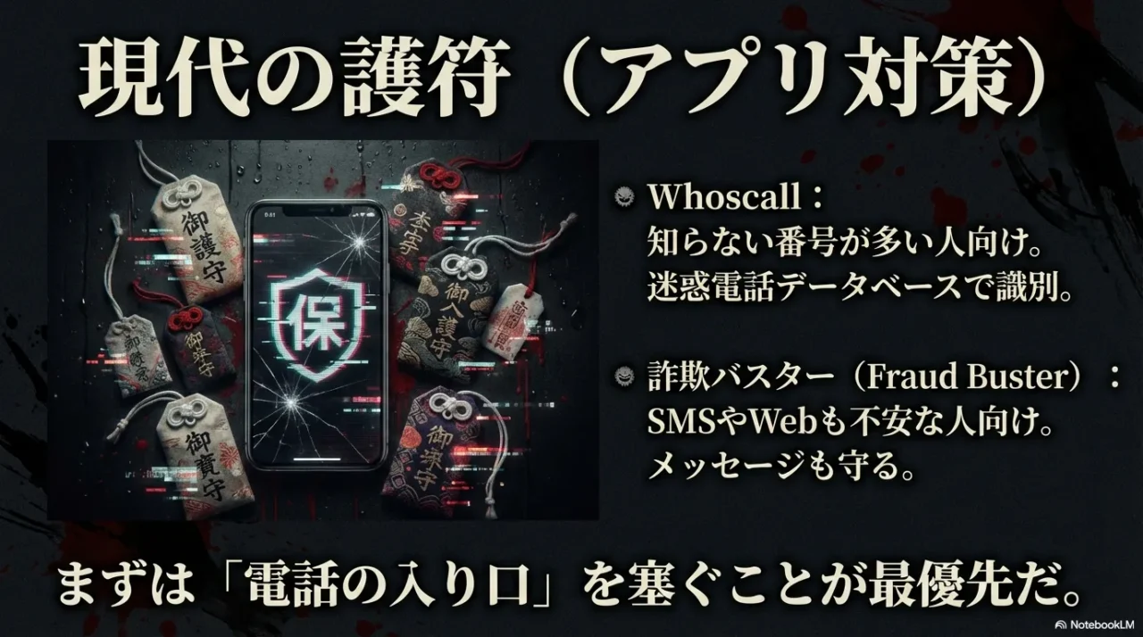 Whoscallは電話対策、詐欺バスターはSMSやWeb対策という違い