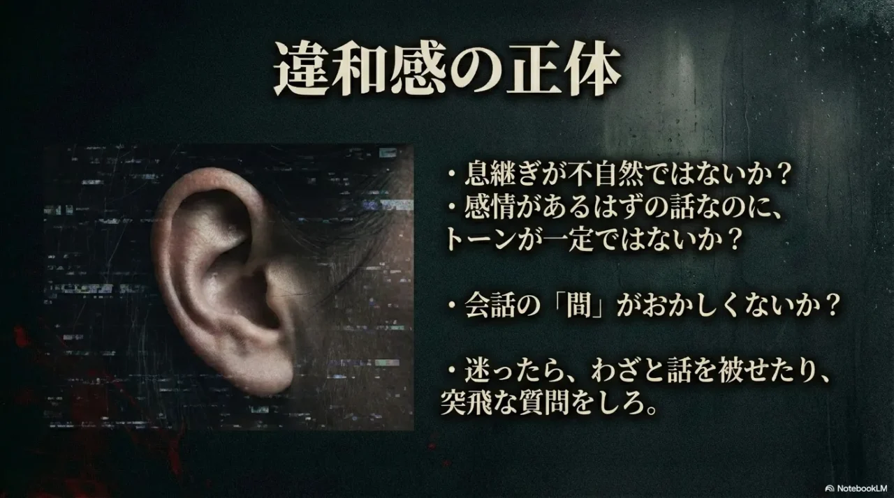 息継ぎや感情の不自然さ、会話の間でAI音声の違和感を確認