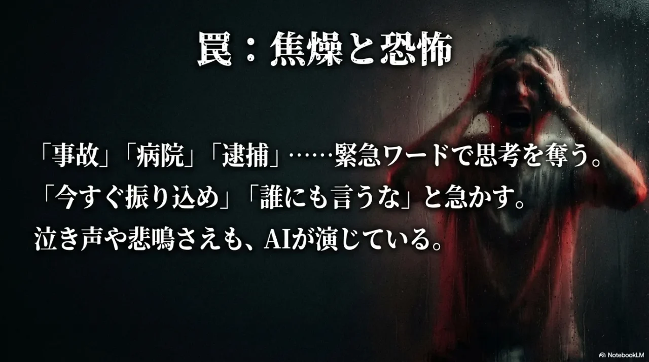 事故や逮捕など緊急ワードで思考を奪い振込を急かす手口