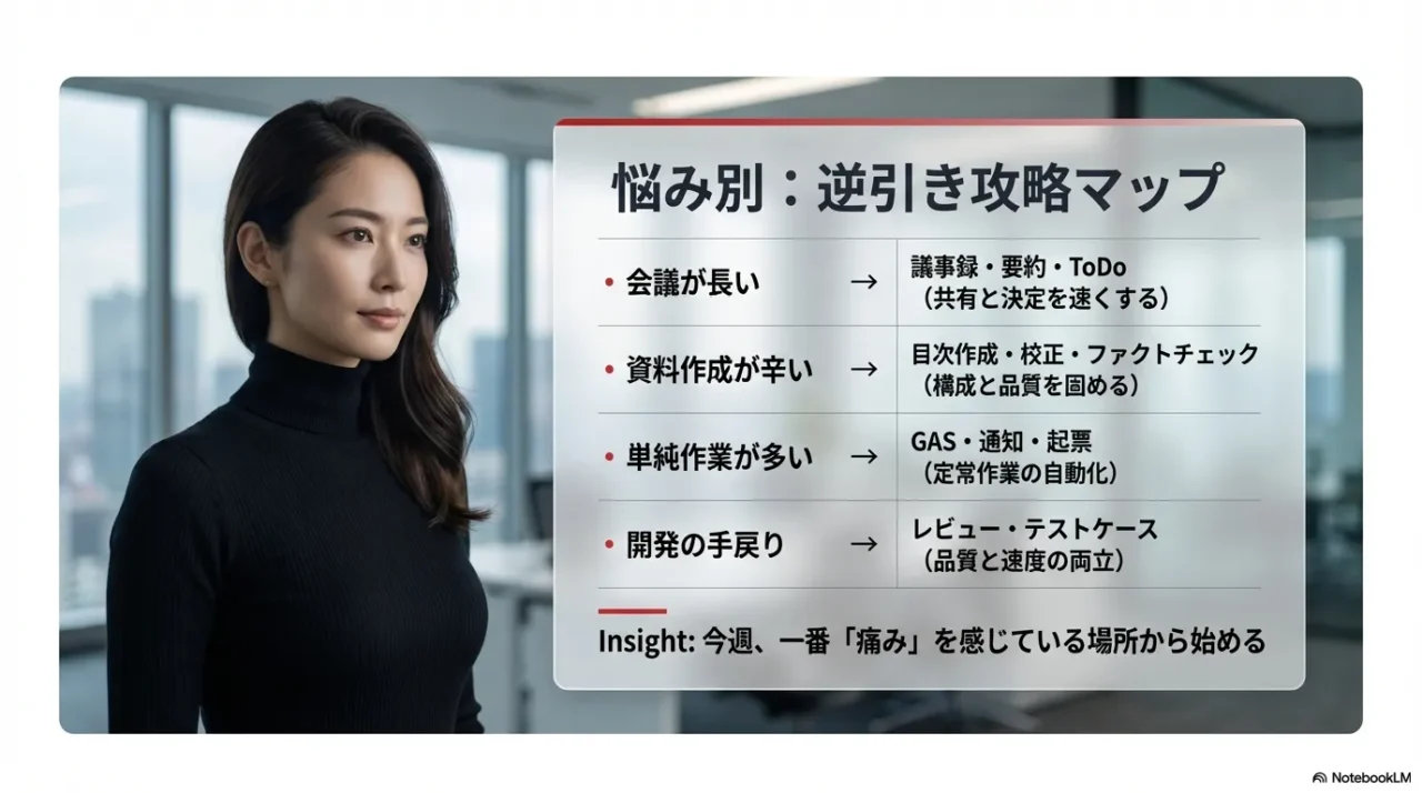 会議・資料作成・単純作業などの悩みから解決策となるAI活用法を探せる逆引きマップ