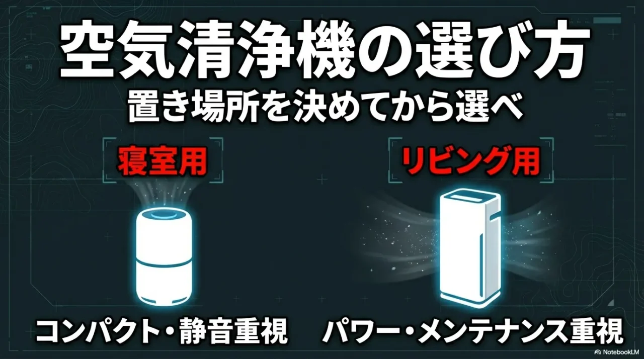 寝室用は静音・コンパクト重視、リビング用はパワー・メンテナンス重視など、場所別の選び方