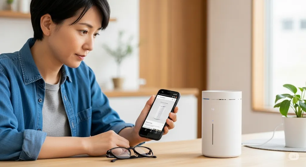 小型空気清浄機とスマートフォンの口コミを見ている日本人