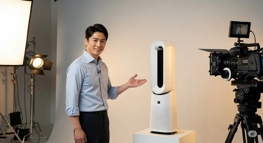 空気清浄機のCM撮影をしている日本人男性俳優