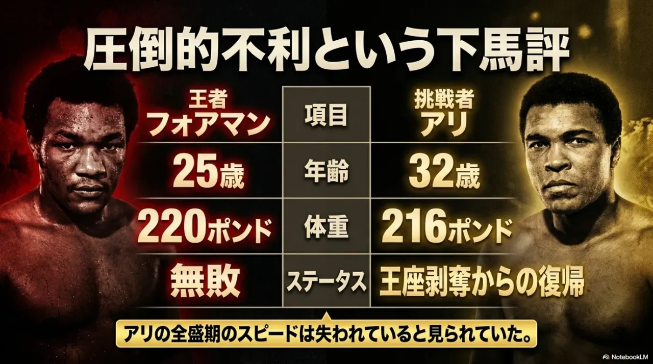 王者フォアマンと挑戦者アリの年齢や体重、試合前評価を比較した画像
