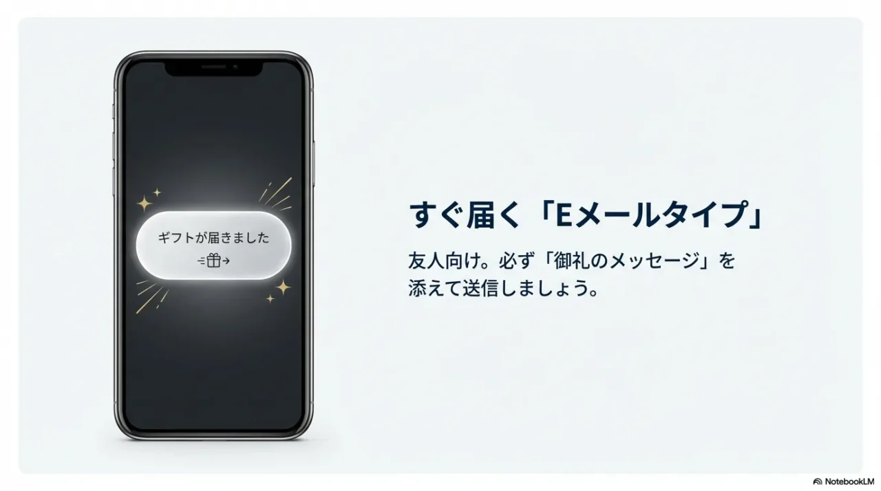 Eメールタイプはすぐ届くので友人向けに便利、メッセージを添えるべきと示す画像