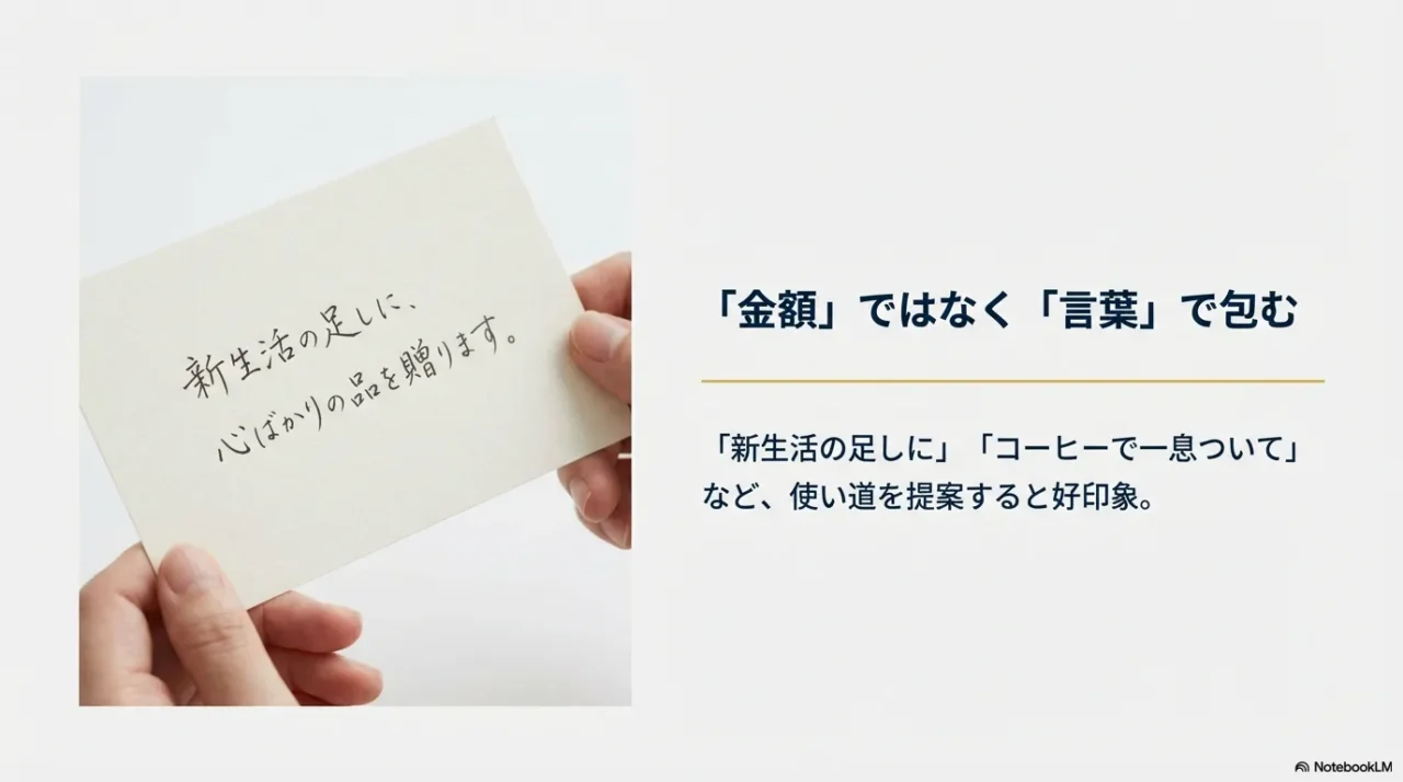 金額より言葉で気持ちを包むことが大切だと示すメッセージ画像