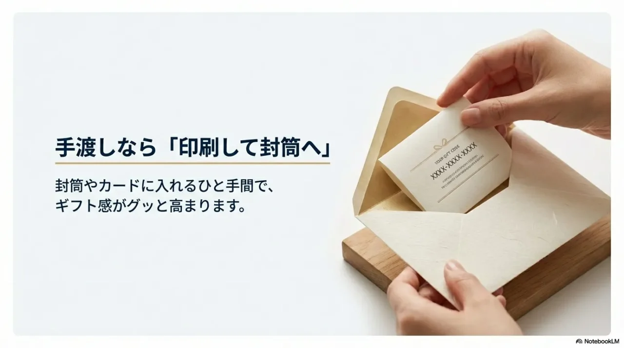 印刷したギフトコードを封筒に入れて手渡しする方法を示す画像