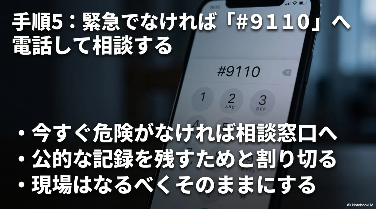 緊急性がなければ#9110に相談し現場はなるべく保存するイメージ