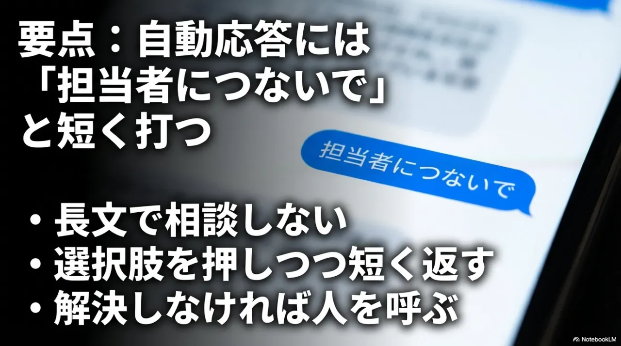 自動応答では長文を避け担当者につないでと短く伝えるイメージ