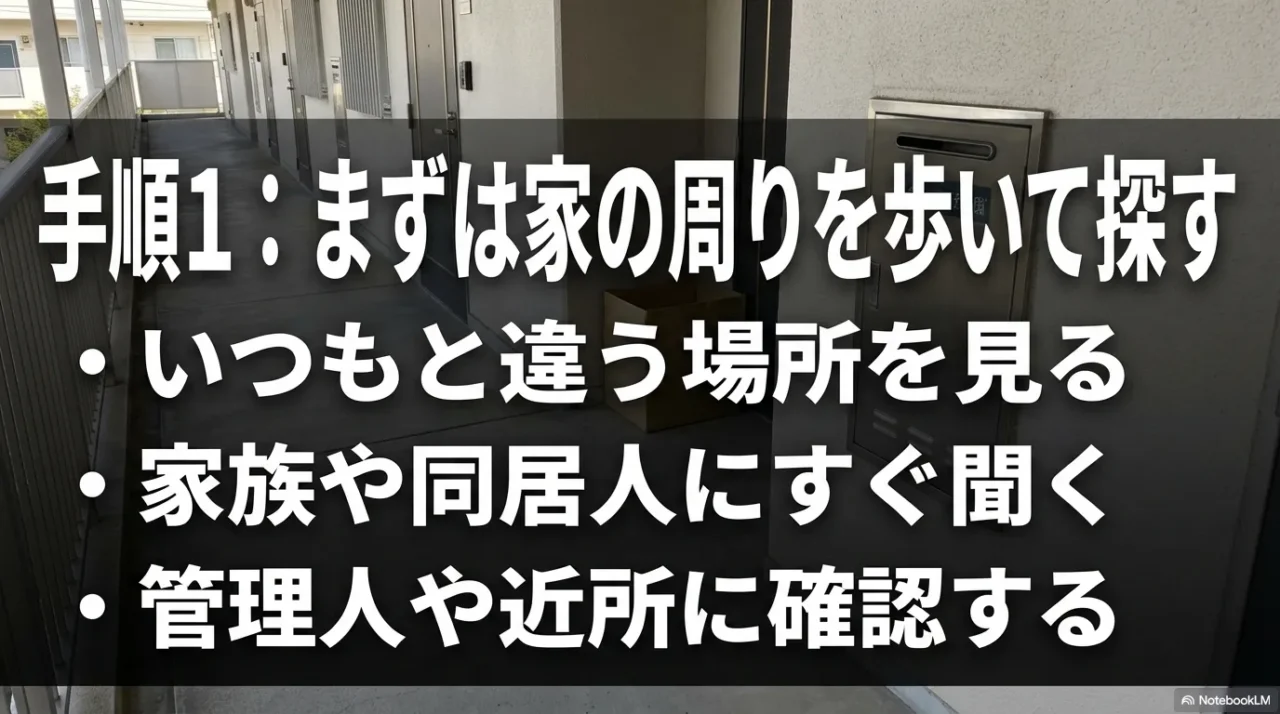 家の周りを探し家族や管理人に確認する手順イメージ