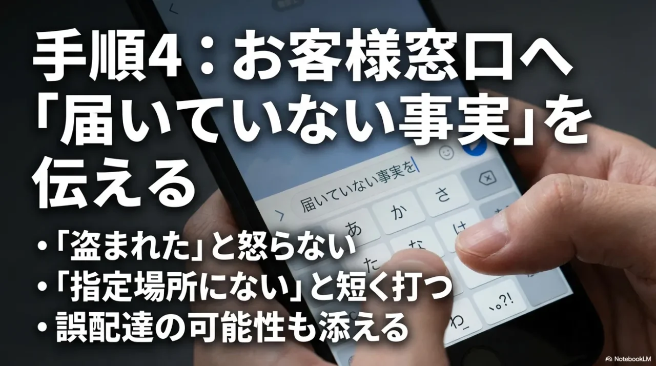 盗難と決めつけず指定場所にない事実を伝えるイメージ