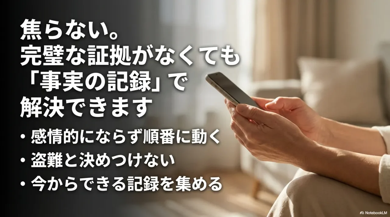 焦らず事実の記録で解決へ進む要点を示すイメージ