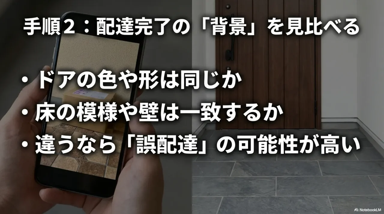 配送完了写真の背景を見比べて誤配送を判定するイメージ