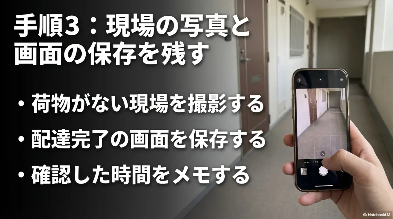 荷物がない現場撮影と配送完了画面保存を示すイメージ