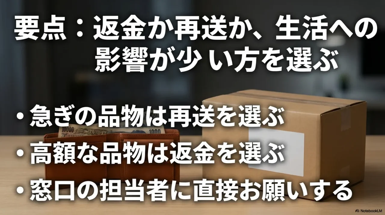 急ぎは再送、高額は返金など判断軸を示すイメージ