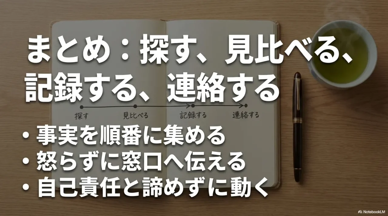 探す見比べる記録する連絡するの全体まとめイメージ