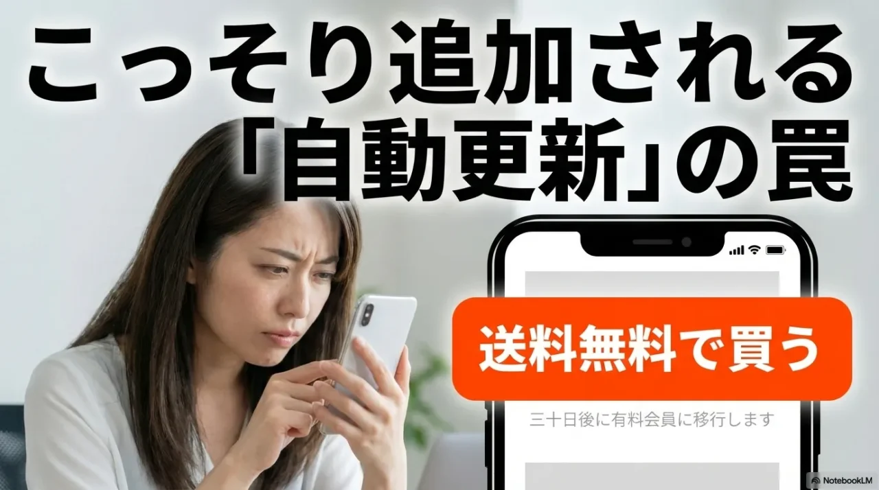 自動更新がこっそり追加されるダークパターンのイメージ