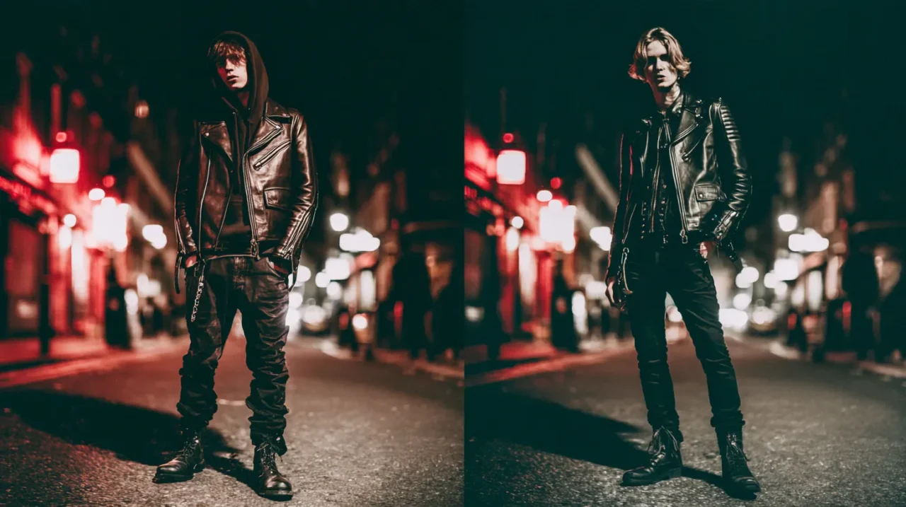 夜のストリートで、左にフーディーの上からボックス型のアメジャンを羽織った男性、右に細身シルエットのロンジャンを着た男性が向かい合うように立ち、アメジャンとロンジャンの違いを対比的に見せている写真