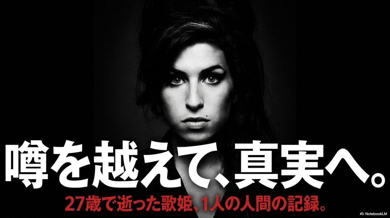 モノクロ人物の正面ポートレートに「噂を越えて、真実へ」と記した、エイミー・ワインハウスの生涯を伝える導入ビジュアル