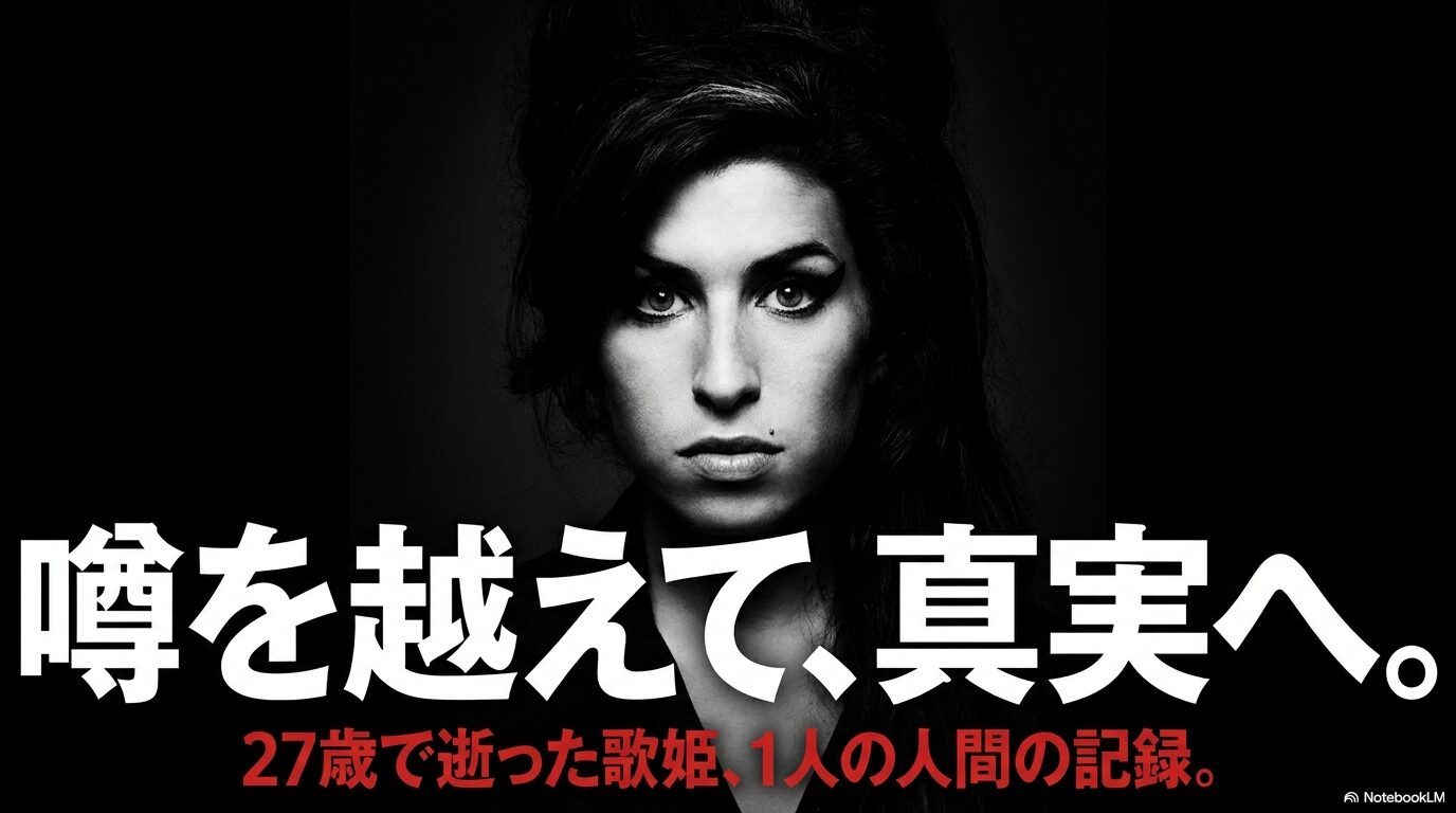 モノクロ人物の正面ポートレートに「噂を越えて、真実へ」と記した、エイミー・ワインハウスの生涯を伝える導入ビジュアル