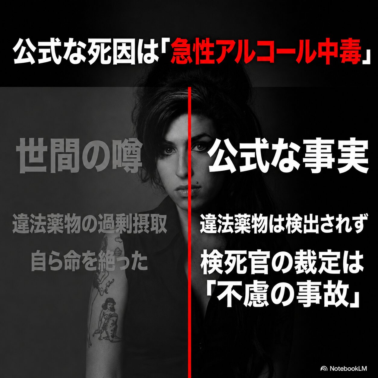 エイミー・ワインハウスの死因について、薬物や自殺の噂と違法薬物不検出・不慮の事故という公式事実を比較した図解