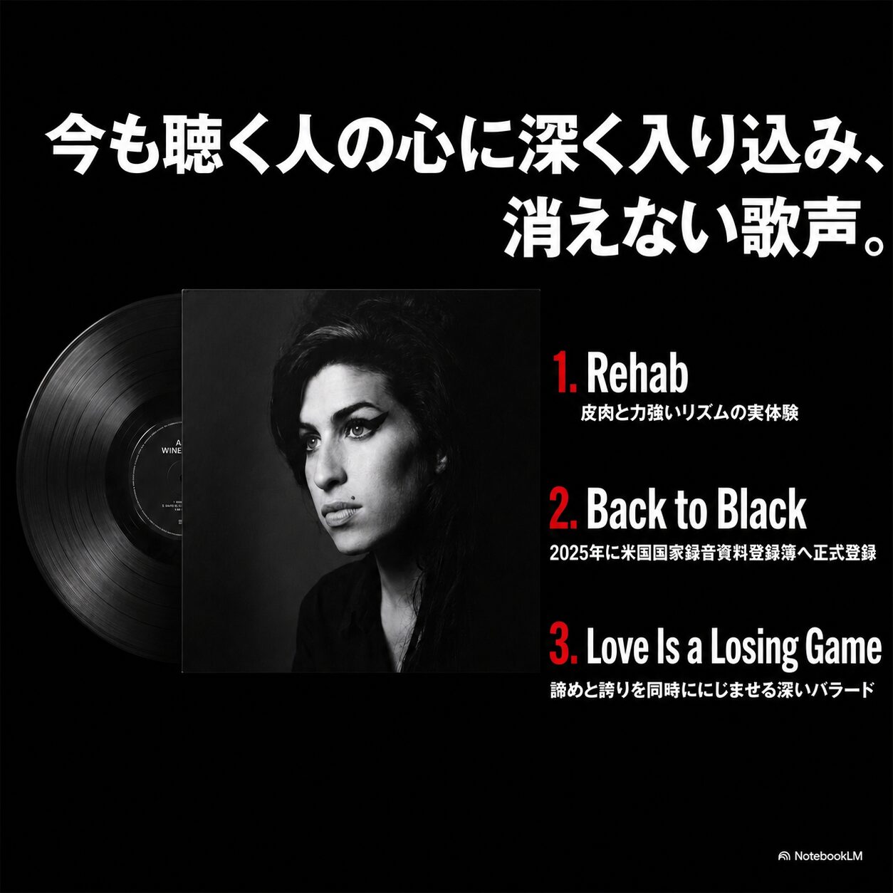 レコードと人物を背景に「Rehab」、「Back to Black」、「Love Is a Losing Game」の代表曲3曲を紹介する図解