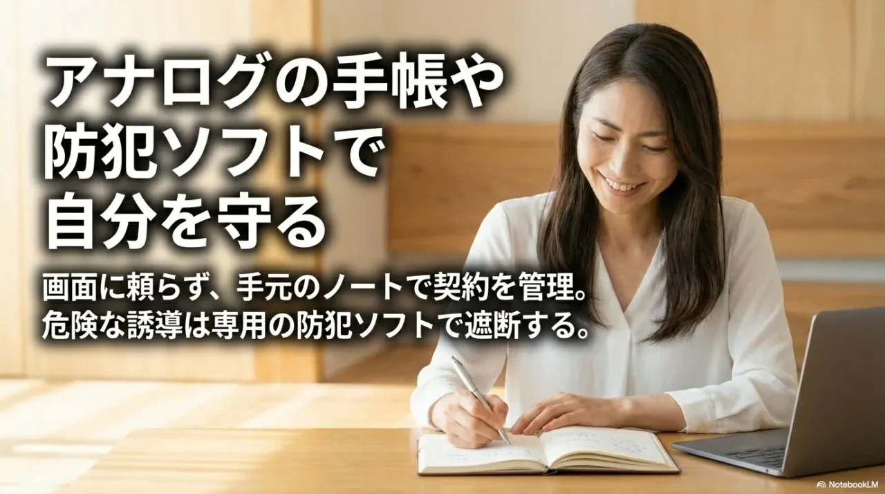 アナログ手帳と防犯ソフトで自衛するイメージ